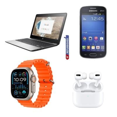 4 in 1 HP Chromebook 11 G5 Intel Celeron N3060 4GB RAM 16GB SSD storage11.6 Inch HD Display With Play store Chrome OS  Refurbished and Samsung Galaxy Trend Mobile 2GB Storage Assorted Color Refurbished with  T2000 Ultra 2.08 Infinite Display Smartwatch and TWS Airpod Pro 3 B