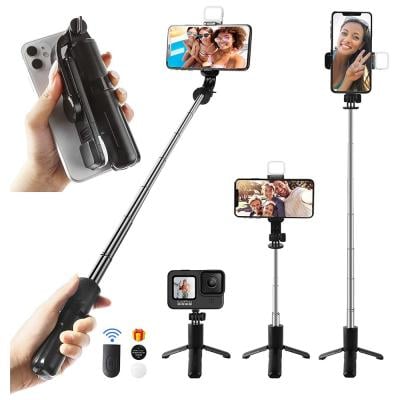 R1S Selfie Stick Tripod Selfie stick Phone stand Holder with Wireless Remote and Rechargeable Dimmable Selfie Light