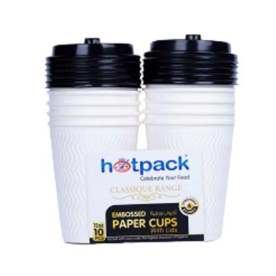 Hotpack White Embossed Paper Cups + Lid 12 Oz, 10 Piece - HSMEPC12C