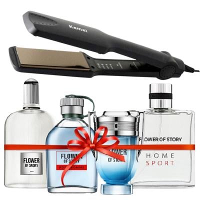 2 In 1 Walmeck Kemei KM-329 Professional Hair Straightener Black And Flower of Story Perfume gift set 25ml x 4 Piece, PCP01