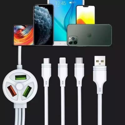 6 in 1 Extended Mobile Data Cable 3 Plug 3 USB Port 3.1A With USB Cable for iPhone + Micro USB + Type-c White