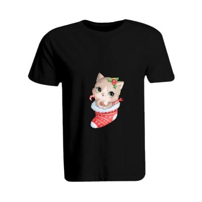 BYFT 110101011093 Holiday Themed Printed Cotton T-Shirt Cat inside Christmas Stockings Unisex Personalized Round Neck T-Shirt Black 2XL