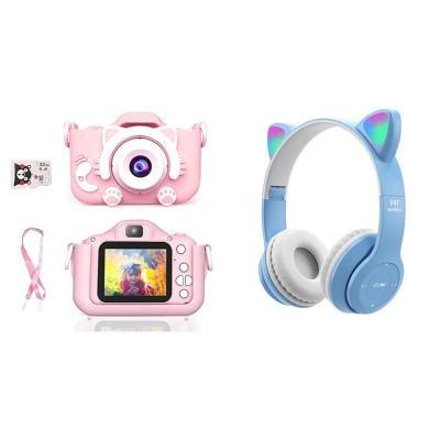 2 in 1 Bundle Kids Camera, BZ Kids Camera, 1080P Kids Digital Video camera with 2 Inch IPS Screen and Bluetooth P47M Gaming Headphone Wireless Headphone Supports TF Card and Built-in Microphone Wired Assorted Color