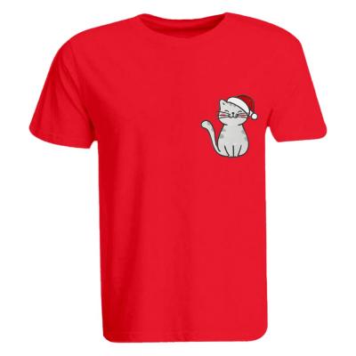 BYFT 110101008843 Holiday Themed Embroidered Cotton T shirt Cat with Christmas Cap Personalized Round Neck T shirt Red Small 
