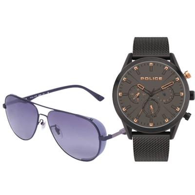2 In 1 Police Analog Black Stainless Steel Watch For Men, PL16021JSB/79MM And Police SPL721 Aviator Black Sunglasses for Unisex, Size 60