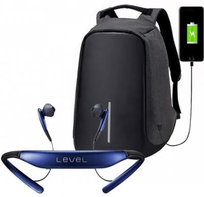 2 IN 1 Anti-Theft Backpack with USB Port And Level Wireless Bluetooth Neckband Headset with Mic