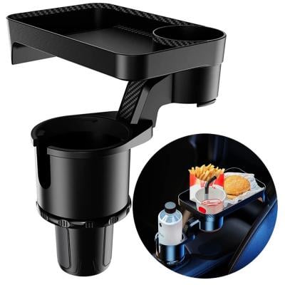 3 in 1 Car Cup Holder Expander and Tray, Multifunctional Car Tray Table with 360° Rotating Adjustable Base