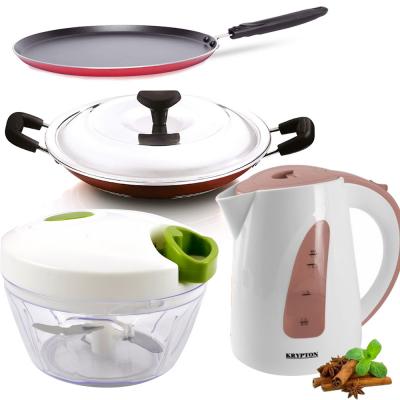 4 in 1 Bundle Pack Manual Chopper Small 3 Blades, Cookware 2Pc Set-TA2820 and Krypton Plastic Electric Kettle 1.7L KNK6023