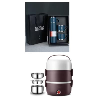 2 in 1 Multifunctional Electric Cooking 3 Tier Lunch Box Set 3 Food Warmer Container Bento Portable For Home and Office and Thermos flask Coffee Thermos flask Portable Hot or Cold Water Bottle With 2 Cups Set Color Assorted