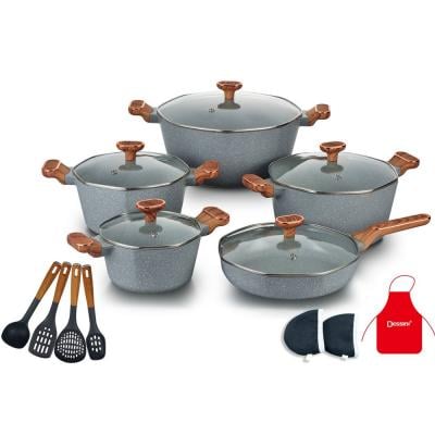 Dessini GCS26 Granite Cookware Set with Glass Lid with Kitchen Tools 17Pcs Grey
