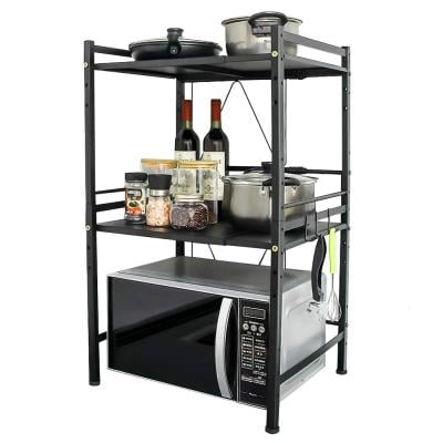 Expandable Microwave Oven Rack 3 Tier Kitchen Counter Shelf Organizer With 6 Hooks - Carbon Steel Microwave Shelf - Microwave Stand Kitchen Shelve Storage Organizer Oven Stand For Kitchen