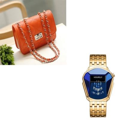 2 In 1 Luxury Fashion Watch With Quilted Mini Shoulder Bag Orange