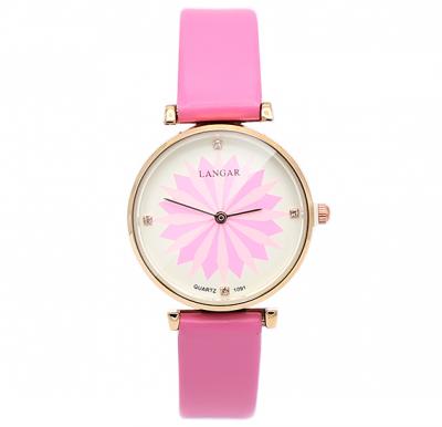 Langar Lotus Design Thin Leather Strap Leather Watch For Women - Pink