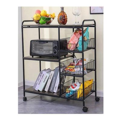 Multi layer Storage Stand with 4 Slide Out Mesh Baskets Wheel Trolley Household Multi-function Vintage Utility Shelf for Spices Pots Microwave