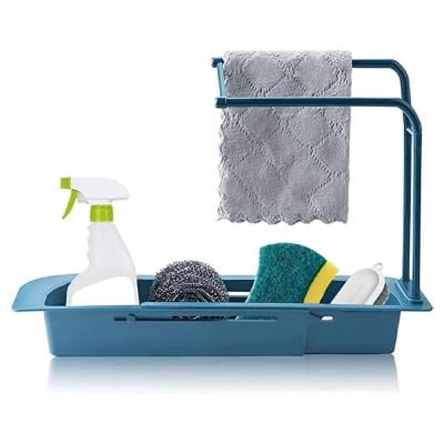 2 in 1 Telescopic Sink Rack Set, Adjustable Length Sink Rack Support, Sponge Soap Rack Drain Sink Tray, With Towel Bar Ventilation And Drainage Device Blue