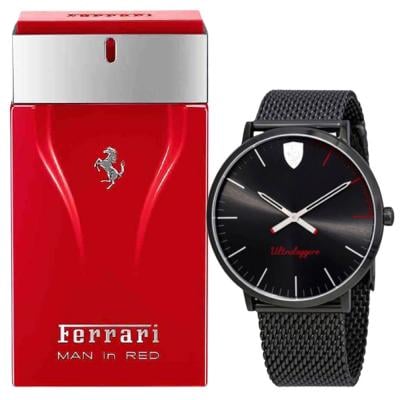 2 In 1 Ferrari 830406 Analog Watch For Men, Black And Ferrari Man In Red Edt 100 ml edT for Men by Ferrari