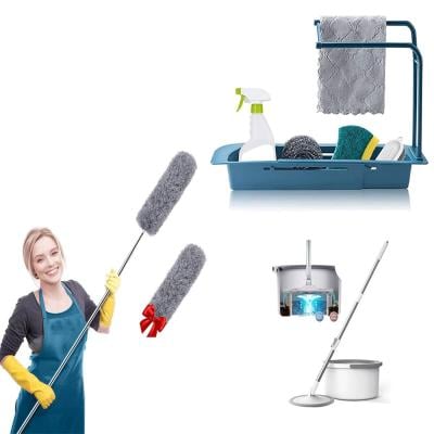 3 in 1 US1984 Upgraded Round Shape Spin Mop Hands-Free Squeeze Microfiber Flat Mop with Bucket Separates Dirty and Clean Water and  Telescopic Sink Rack Set and Duster With Extra Long Extension Pole