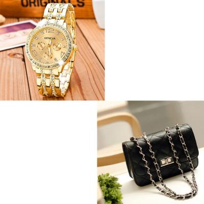 2 In 1 Geneva Gold Watch With Quilted Mini Bag Black