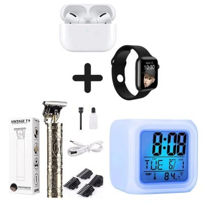 SUPER SAVER PACK: Smart Watch T55 Pro Max Combo Watch + BT Earbuds + Dual Straps Changeable Calls Health Tracker All Notifications For Android IOS Assorted color +  Vintage T9 Trimmer for Men Hair Zero Gapped Clipper Professional Cordless + Digital Alaram Clock With Rainbow 