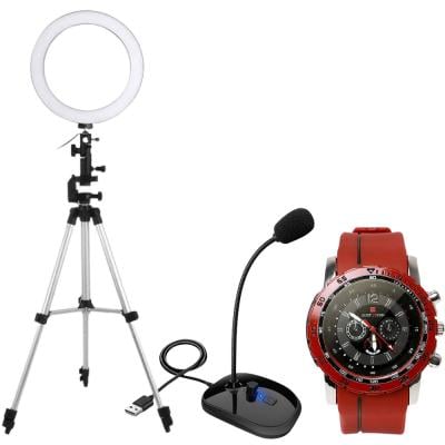 3 In 1 Ring Fill Light 10 Inch, SK-30 USB Desktop Microphone And Just Login Red Strap Wrist watch, Royalhand