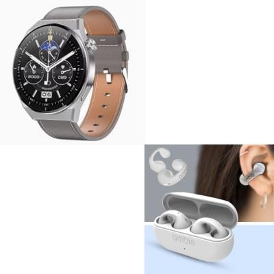 2 in 1 Bundle Flash Hawk GT3 Max 1.5 inch HD Screen Business SmartWatch with Wireless Charging Bluetooth Call IP68 Waterproof and Ambie Sound Earcuffs 1:1 Ear Earring Wireless Bluetooth Earphones  White
