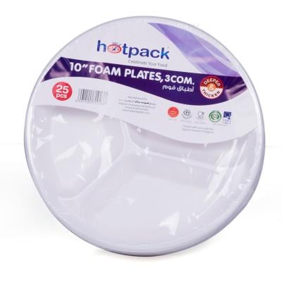 Hotpack Round Foam Plate 10 inch, 3 Compartment - 25 Piece - RFP103B