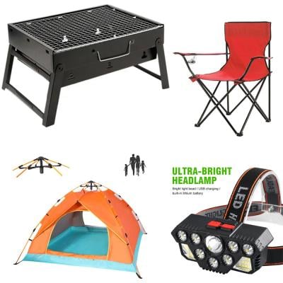 Camping Tent 4 Person, Instant Automatic 1 Minute Pop Up Dome Tent,Portable Windproof Lightweight Anti UV Sun Shade for Family Backpacking Hunting Hiking Outdoor Beach Picnic 200X200X135 and Royal Foldable  Outdoor Picnic & Camping Chair with Carry bag Assorted Color and Portable BBQ Charcoal Grill Black with Powerful LED Headlight Outdoor Head Mounted Waterproof Light With USB Rechargable