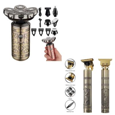 2 in 1 LK6860 Shaver Grooming Kit 6 in 1 Five Head Beard Hair Razor for Men Cordless Rechargeable Electric Shaver Gold with Vintage T9 Trimmer for Men Hair Zero Gapped Clipper