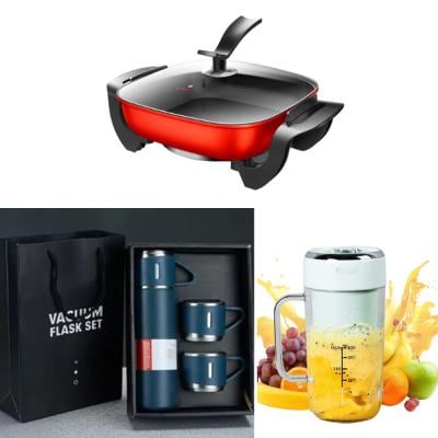 3 in 1 Multifunctional Electric Skillet, Electric Non-Stick Wok with Lid, Large Multi Cooker, Electric Skillet Grill, Multifunctional Electric Hot Pot,B and Blender Smoothie Maker Portable Mixer Smoothie Maker Blenders with 8 Blades with Thermos flask Coffee Thermos flask