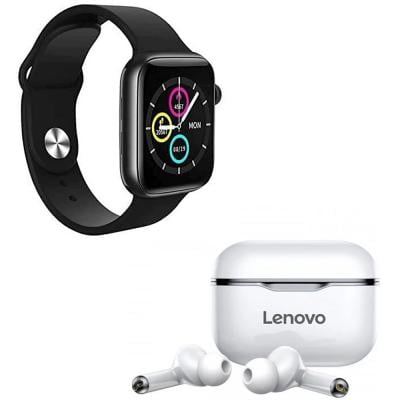 2 In 1 Lenovo LP1 Live Pod Wireless Bluetooth Earphone and  T500 Bluetooth Waterproof Plus and Smart Watch for iPhone iOS Android Phone Assorted Color