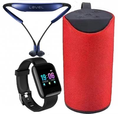 3 IN 1 Bundle Offer D13 Smart Watches 116 Plus Heart Rate Watch Smart Wristband Sports Watch Android, Level Wireless Bluetooth Neckband Headset with Mic And TG113 Bass Splashproof Wireless Bluetooth Speaker