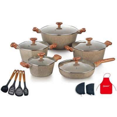 Dessini GCS28 Granite Cookware Set with Glass Lid with Kitchen Tools 17Pcs Brown