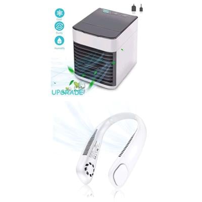 2 in 1 Elony Air Cooler and Bladeless Neck Fan with 360° Airflow, Portable Hands-Free Small USB Fan Rechargeable Personal Mini Cooling Fan
