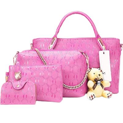 Womens 4 Pcs PU Composite hand bag set with Teddy Keychain Pink