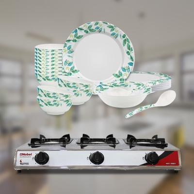 Olympia OE 18005 Melamine Dinner Set 22 Pieces White and Green with Nobel NGT3003 Gas Stove Stainless Steel Tripple Burner