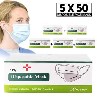 5 Box 3 Ply Disposable Face Mask Pack, 5 x 50 Pieces