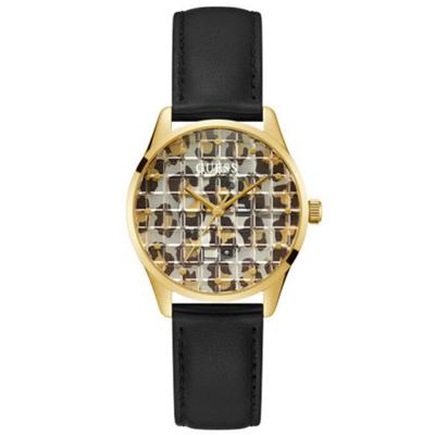 Guess GW0481L1 Womens Gold Animal Printed Dial Geniune Leather Band Watch Black