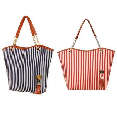 2 In 1 Generic Womens Canvas Tassel Chain Shoulder Bag Striped Hand Bag Blue and Red