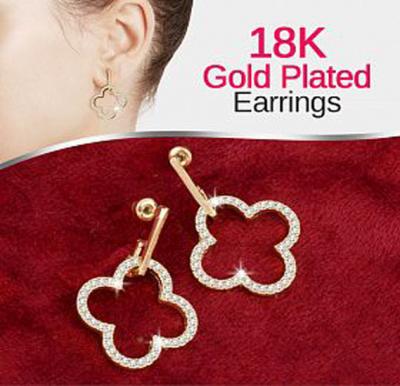 Victoria 18K Gold Plated Elegant Four Leaf Clover Shape Open Design Earrings With CZ Stones, VKE108