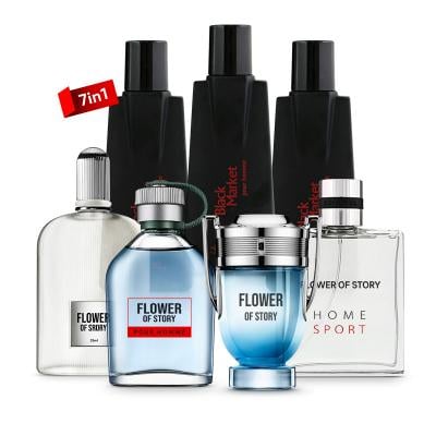 7 in 1 Bundle Pack Shirly May Black Market 100ml x 3 With Flower Of Story Perfume Gift Set, 25ml X 4 Piece