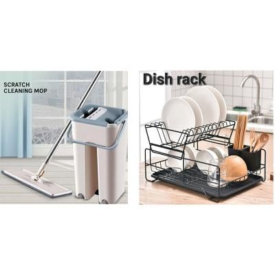 Scratch Cleaning Mop and 2 Tier Stainless Steel Dish Rack