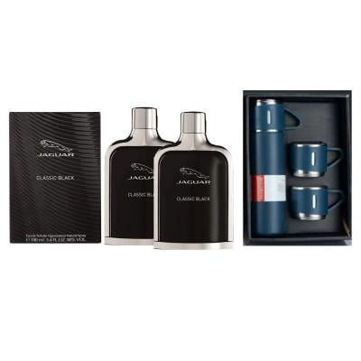3 In 1 Bundle 2Pcs Jaguar Classic Black For Men Eau De Toilette 100ML and Thermos flask Coffee Thermos flask Portable Hot or Cold Water Bottle With 2 Cups Set Color Assorted