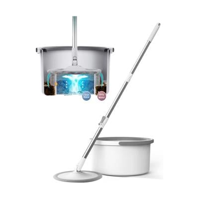US1984 Upgraded Round Shape Spin Mop Hands-Free Squeeze Microfiber Flat Mop with Bucket Separates Dirty and Clean Water