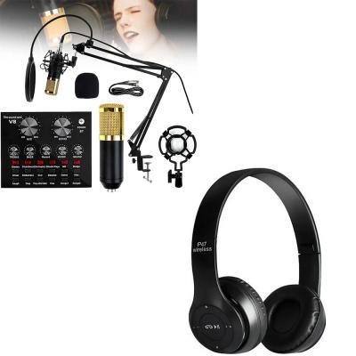 Buy V8 Live Sound Card Kit with Microphone, Sound Card Audio Set Adjustable Mic Suspension Scissor Arm, USB DSP Chip Dual-Channel, for Live Streaming, Games. And Get Multi Color Foldable P47 Wireless Bluetooth Headset with FM Radio, Mic & Supoort Micro SD Card FREE