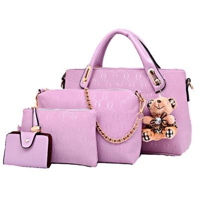 Womens 4 Pcs PU Composite hand bag set with Teddy Keychain Rose