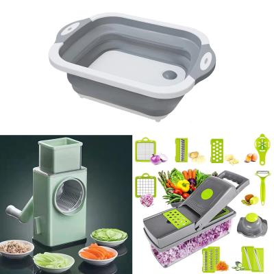 3 in 1 Foldable Multifunction Chopping Board, Collapsible Dish Tub Basin Cutting Board Colander, Vegetable Fruit Wash and Drain Sink Storage Basket, Space Saving for Kitchen Home Grey with Multifunction Vegetable Cutter and Vegetable Chopper