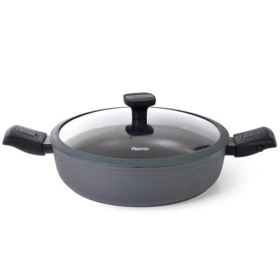 Fissman Shallow Casserole With Detachable Handle And Glass Lid 28x7.5cm/4.1Liters Brilliant Series Aluminum With Induction Bottom Black