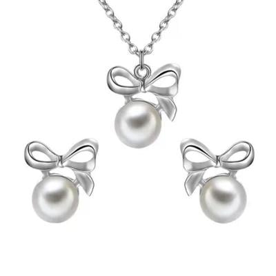 2 Piece Bowknot Design Zinc Alloy Jewellery Set N29147976A with Pearl and Crystal