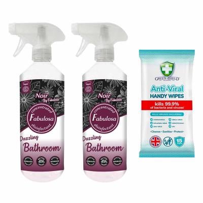 Fabulosa Antibacterial Bathroom Spray Noir 2X500 ml, Free Greenshield Anti-Viral Wipes 15s