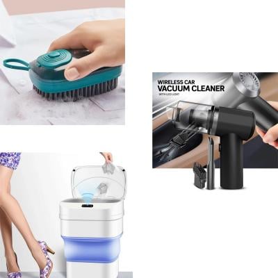 3 In 1 Bundle Wireless Car Vacuum Cleaner with LED Light, Portable Mini Wet and Dry Vacuum for Car Interior and Home Cleaning and Multifunctional Hydraulic cleaning brush, Assorted Color and Smart Sensor Induction Folding Trash Can